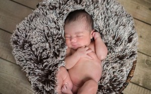 Newborn Sleeping in Basket with Faux Fur